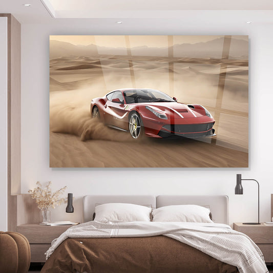 Acrylglasbild Luxus Sportwagen in der Wüste Querformat
