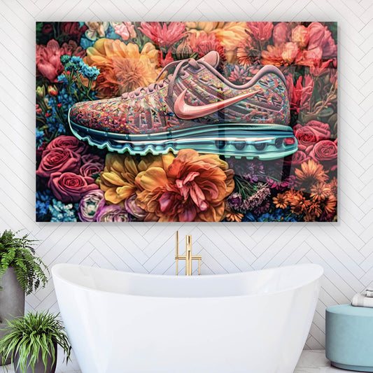 Acrylglasbild Moderner Sneaker im Blumendesign Querformat