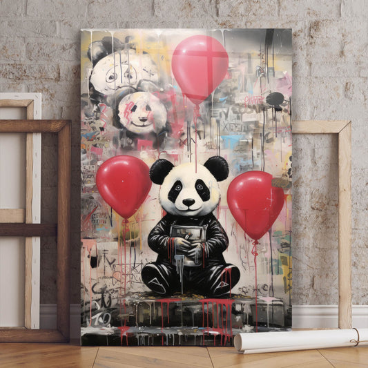 Acrylglasbild Pandabär mit Balloons Hochformat