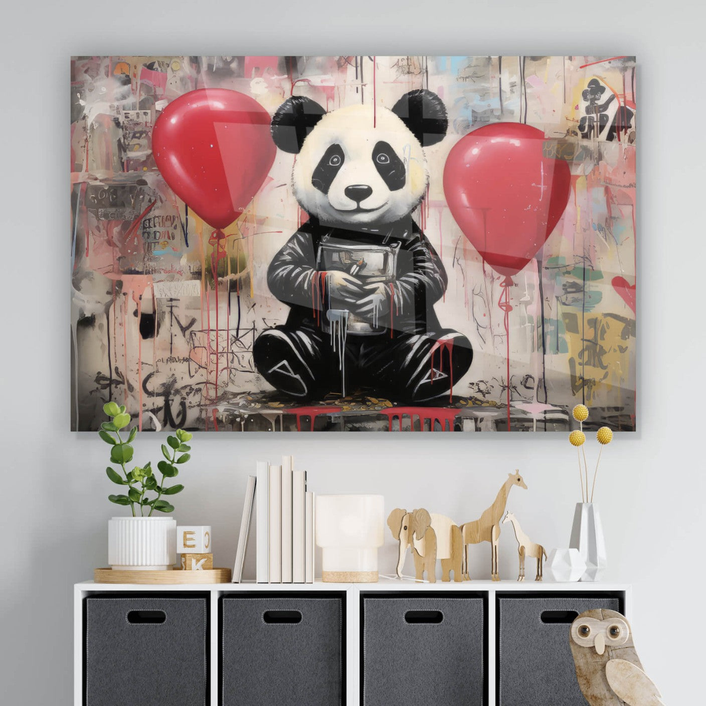 Acrylglasbild Pandabär mit Balloons Querformat