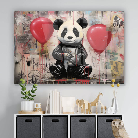 Acrylglasbild Pandabär mit Balloons Querformat
