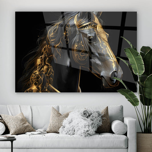 Acrylglasbild Pferd mit goldenen Ornamenten Querformat
