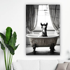 Acrylglasbild Pony in der Badewanne Hochformat