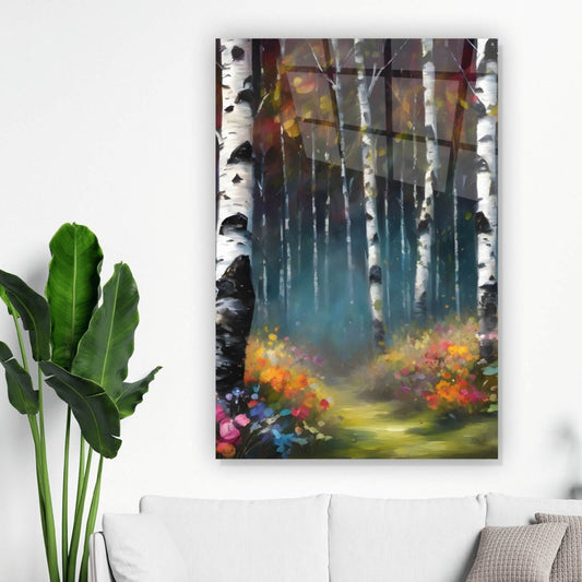Acrylglasbild Romantischer Wald mit bunten Blumen Hochformat