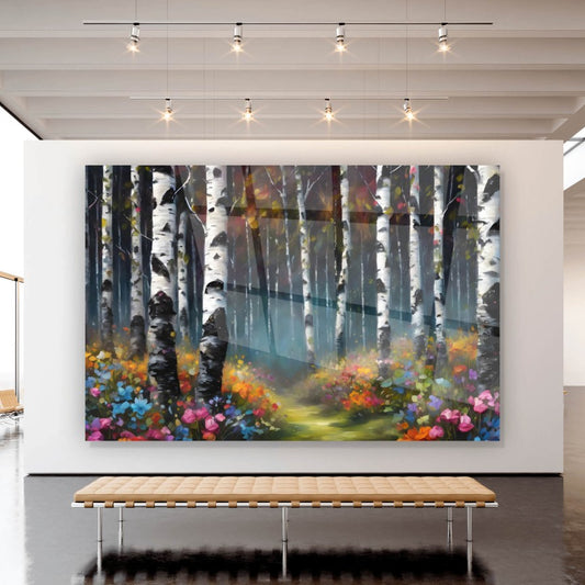 Acrylglasbild Romantischer Wald mit bunten Blumen Querformat