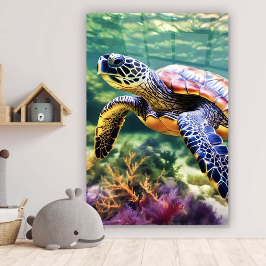 Acrylglasbild Schildkröte auf knalligen Meeresboden Hochformat