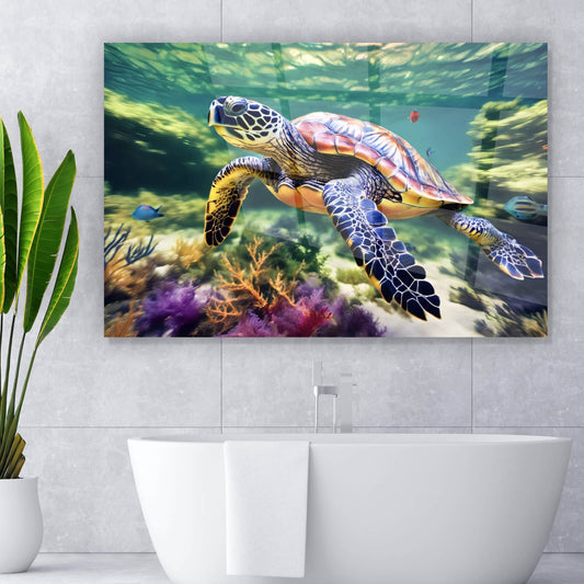 Acrylglasbild Schildkröte auf knalligen Meeresboden Querformat