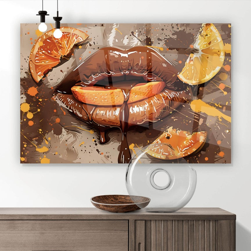 Acrylglasbild Sexy Lippen mit Orangen und Schololade Querformat