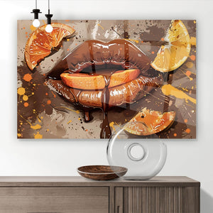 Acrylglasbild Sexy Lippen mit Orangen und Schololade Querformat