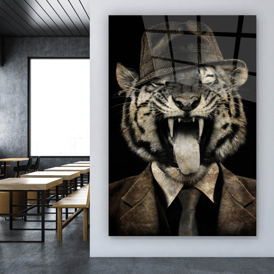 Acrylglasbild Tiger im Anzug Hochformat