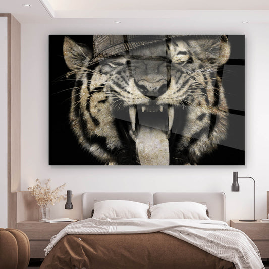 Acrylglasbild Tiger im Anzug Querformat
