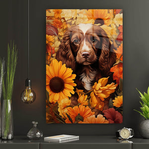 Acrylglasbild Welpe Cocker Spaniel im Blütenmeer Hochformat