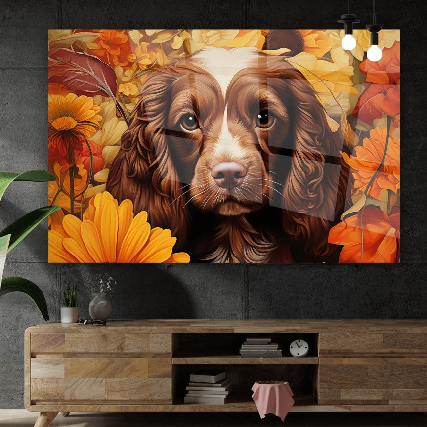Acrylglasbild Welpe Cocker Spaniel im Blütenmeer Querformat