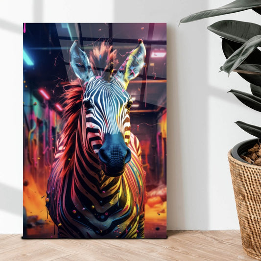 Acrylglasbild Zebra in bunter Umgebung Hochformat