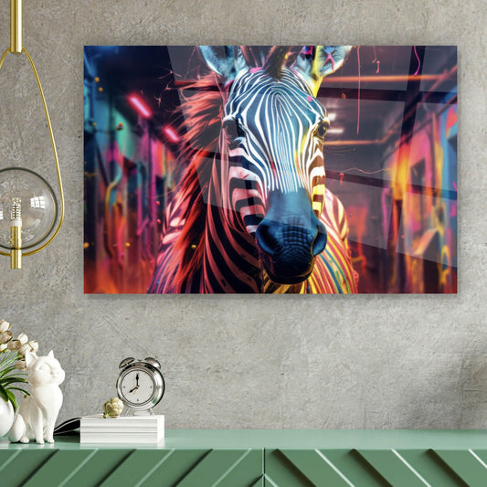 Acrylglasbild Zebra in bunter Umgebung Querformat