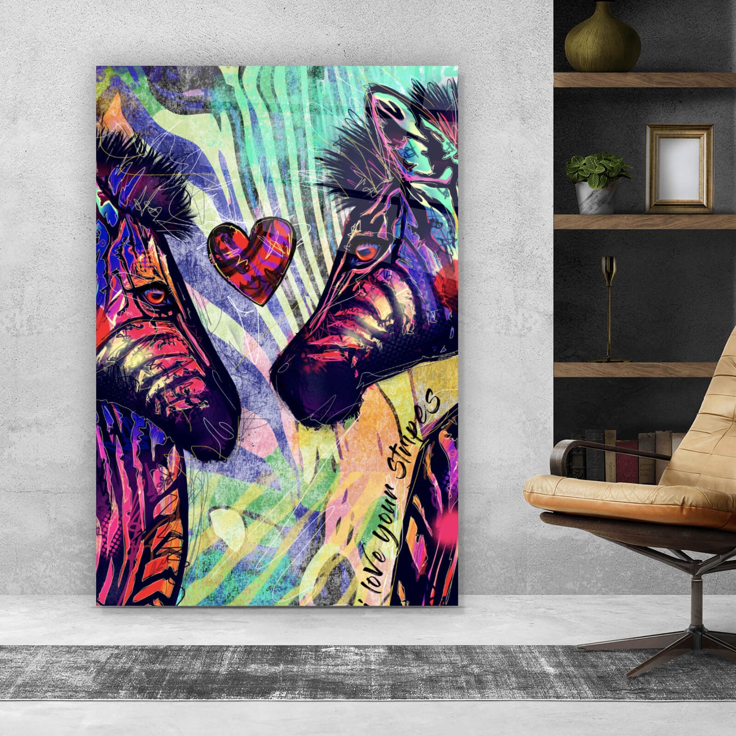 Acrylglasbild Zebrapaar in Love Pop Art Hochformat