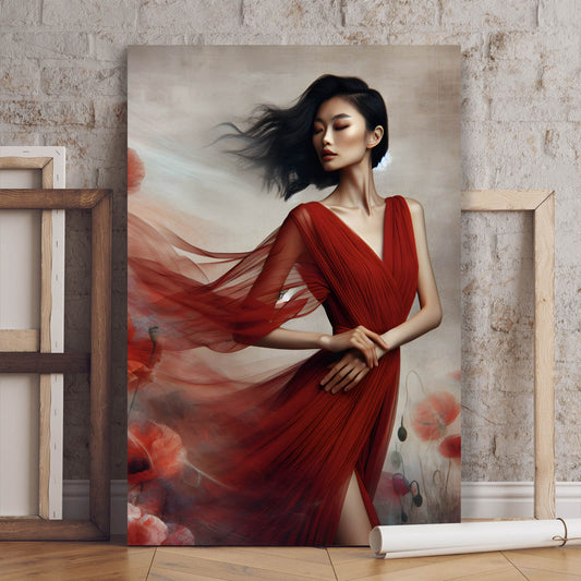 Leinwandbild Asiatische Frau in Rot Hochformat