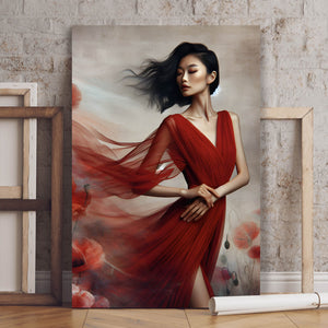 Leinwandbild Asiatische Frau in Rot Hochformat