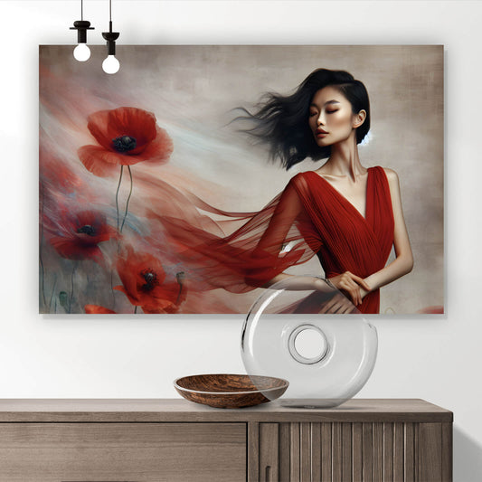 Leinwandbild Asiatische Frau in Rot Querformat
