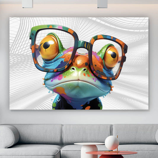 Leinwandbild Bunter Frosch mit Brille Querformat