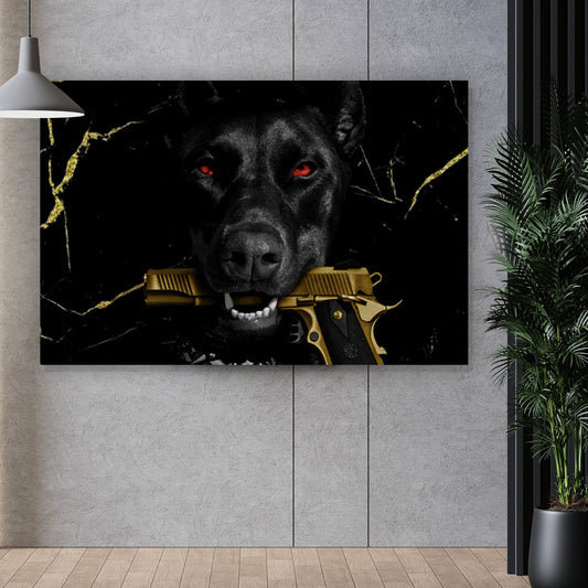 Leinwandbild Edler Hund mit Pistole Digital Art Querformat