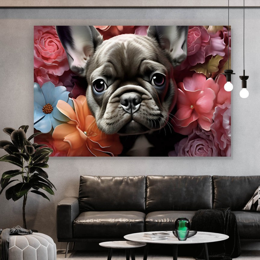 Leinwandbild Französische Bulldogge umgeben von Blumen Querformat