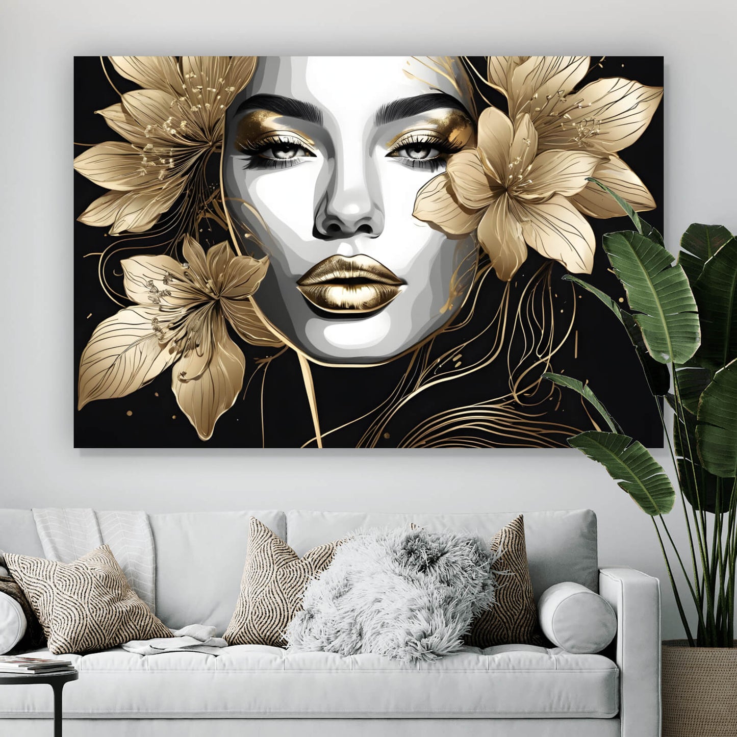 Leinwandbild Frauenportrait mit goldenen Blumen Querformat