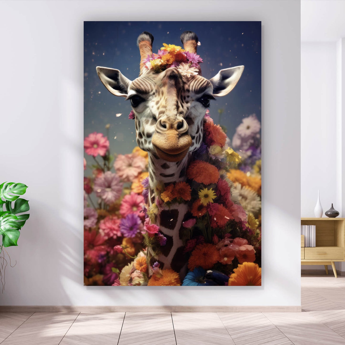 Leinwandbild Giraffe mit Blumen Digital Art Hochformat