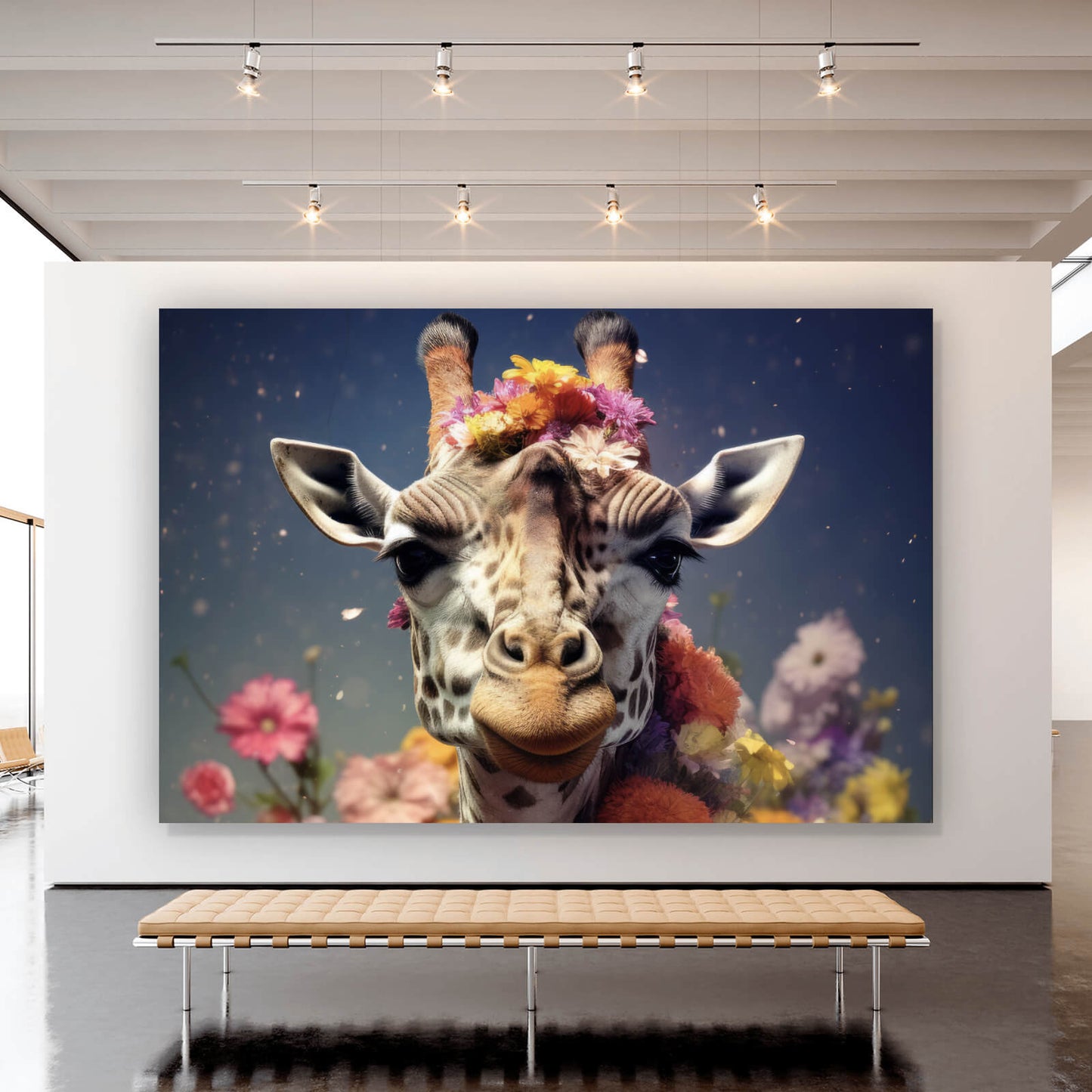 Leinwandbild Giraffe mit Blumen Digital Art Querformat