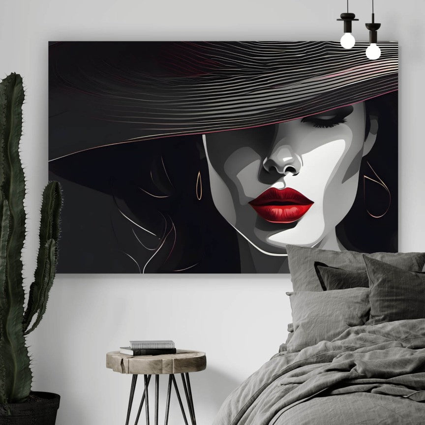 Leinwandbild Grafisches Frauenportrait mit roten Lippen Querformat