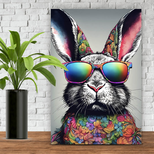 Leinwandbild Hase mit Regenbogenbrille Hochformat