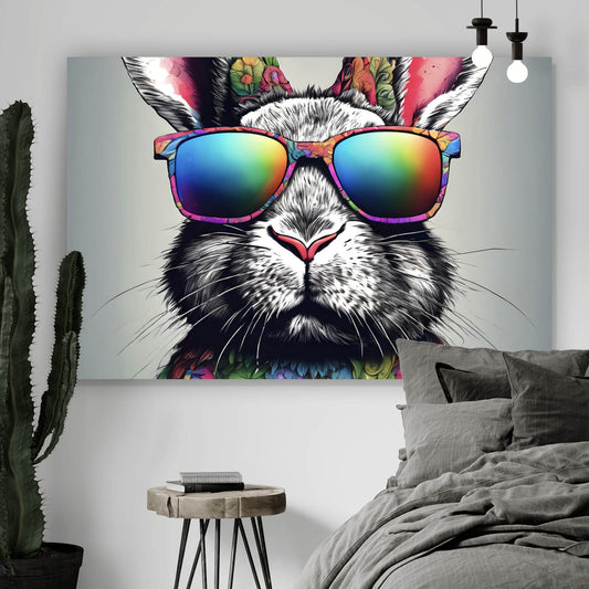 Leinwandbild Hase mit Regenbogenbrille Querformat