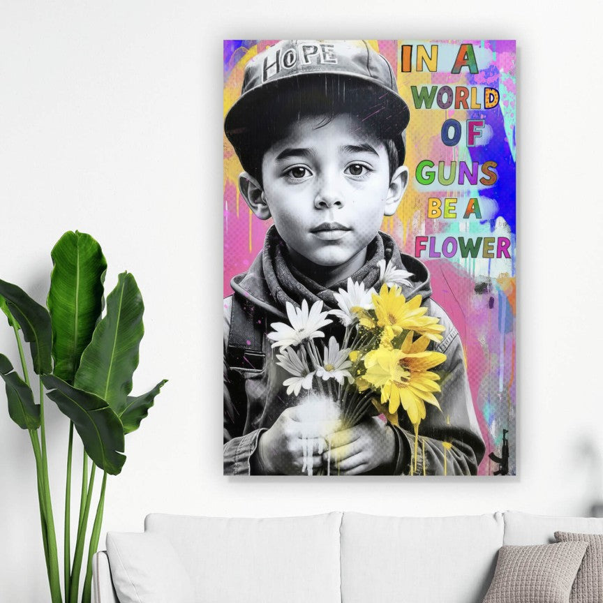 Leinwandbild In a World of Guns be a Flower Hochformat