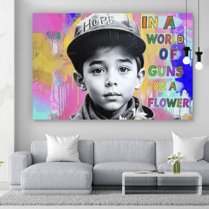 Leinwandbild In a World of Guns be a Flower Querformat