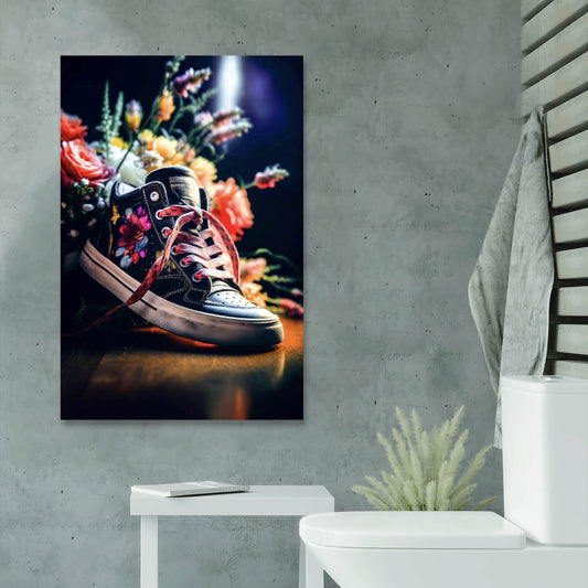 Leinwandbild Jeans Sneaker mit Blumen verziert Hochformat