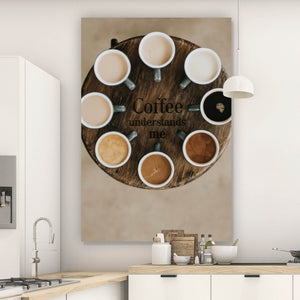 Leinwandbild Kaffeetassen auf einem Tablett Hochformat