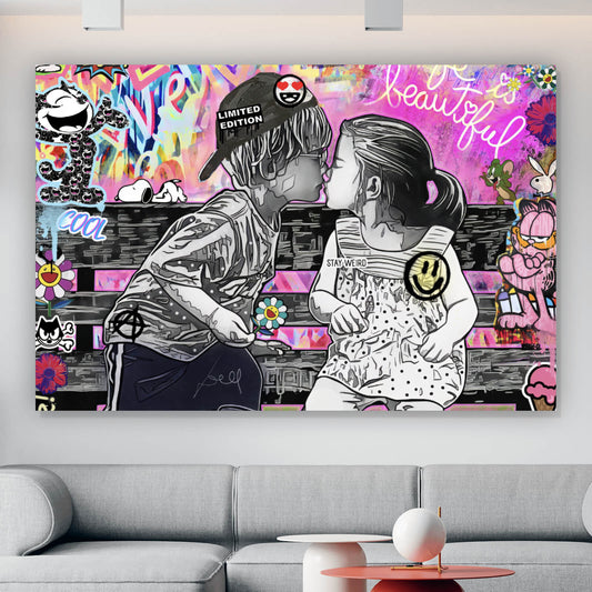 Leinwandbild Küssende Kinder Pop Art Querformat