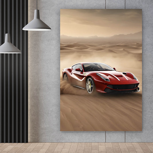 Leinwandbild Luxus Sportwagen in der Wüste Hochformat