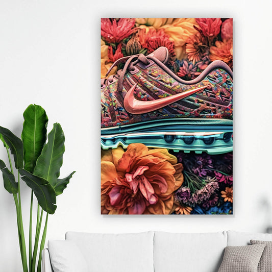 Leinwandbild Moderner Sneaker im Blumendesign Hochformat