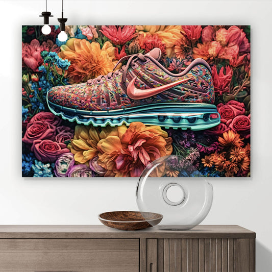 Leinwandbild Moderner Sneaker im Blumendesign Querformat