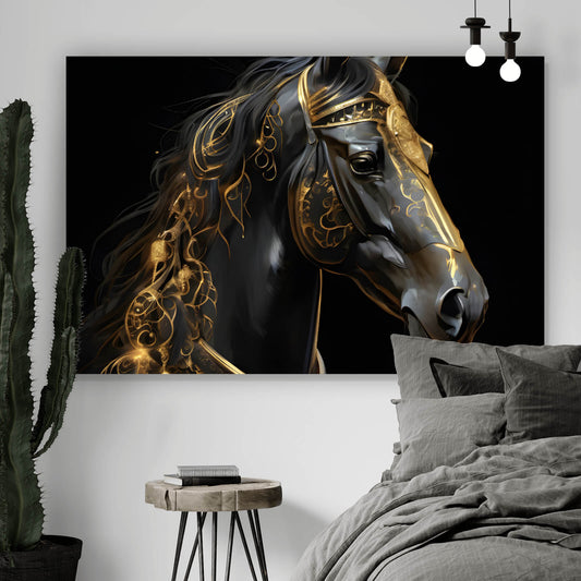 Leinwandbild Pferd mit goldenen Ornamenten Querformat