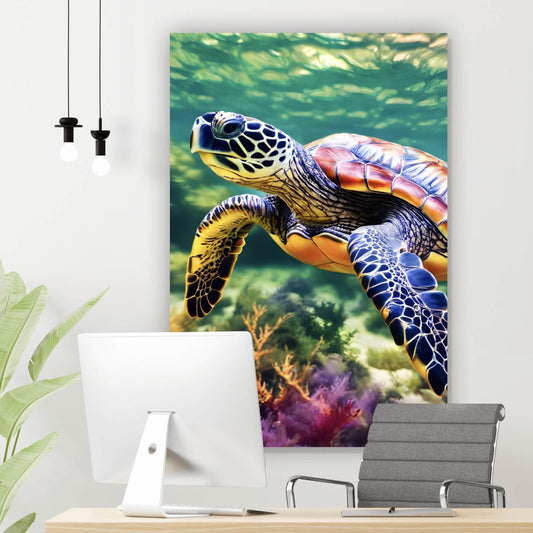 Leinwandbild Schildkröte auf knalligen Meeresboden Hochformat