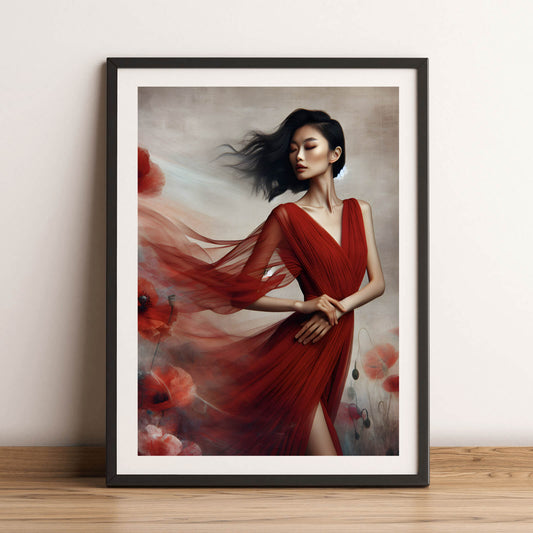 Poster Asiatische Frau in Rot Hochformat