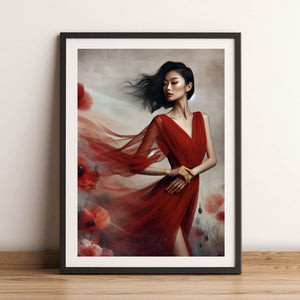 Poster Asiatische Frau in Rot Hochformat