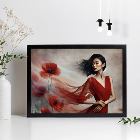 Poster Asiatische Frau in Rot Querformat