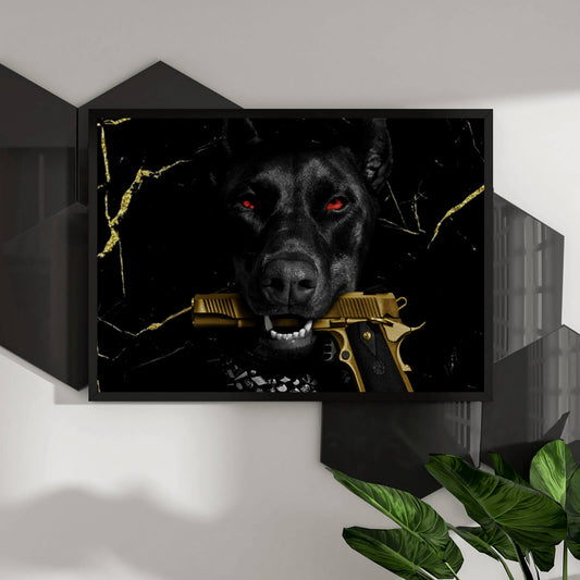 Poster Edler Hund mit Pistole Digital Art Querformat