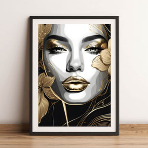 Poster Frauenportrait mit goldenen Blumen Hochformat