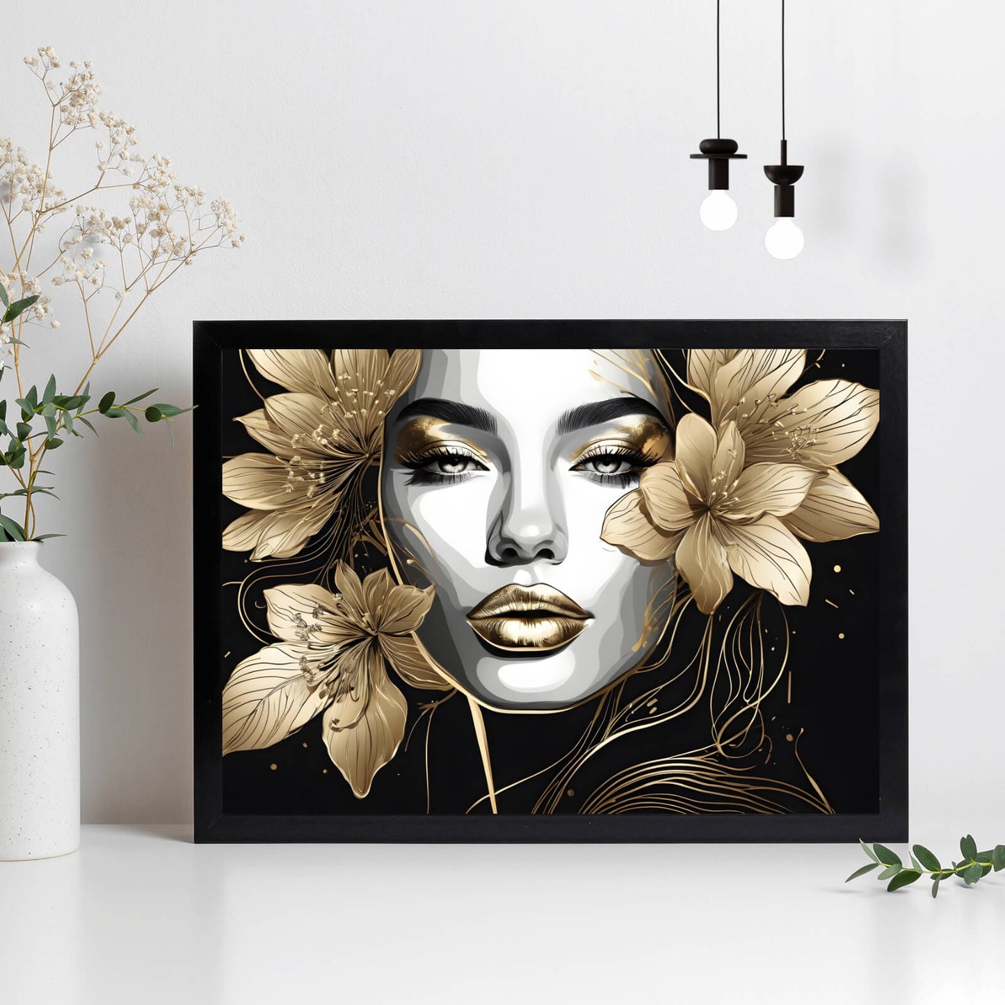 Poster Frauenportrait mit goldenen Blumen Querformat