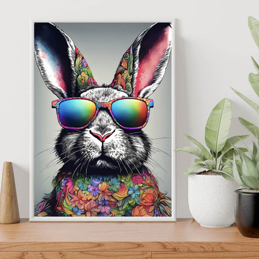 Poster Hase mit Regenbogenbrille Hochformat