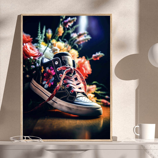 Poster Jeans Sneaker mit Blumen verziert Hochformat